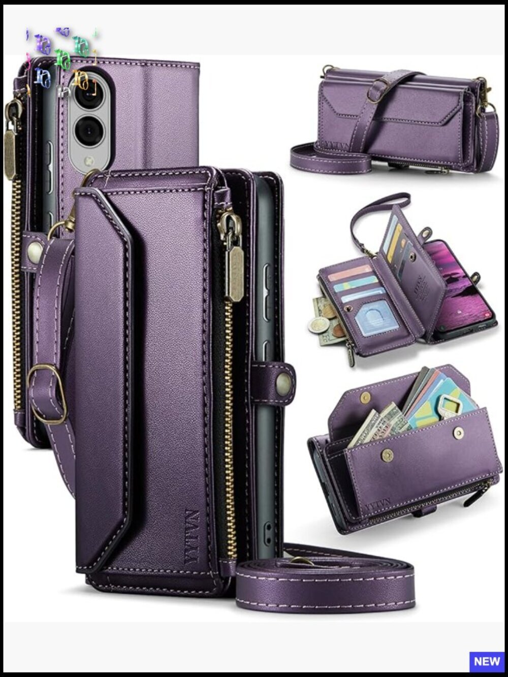 Wallet Case with Zipper Card Holder Crossbody Lanyard Strap RFID Blocking